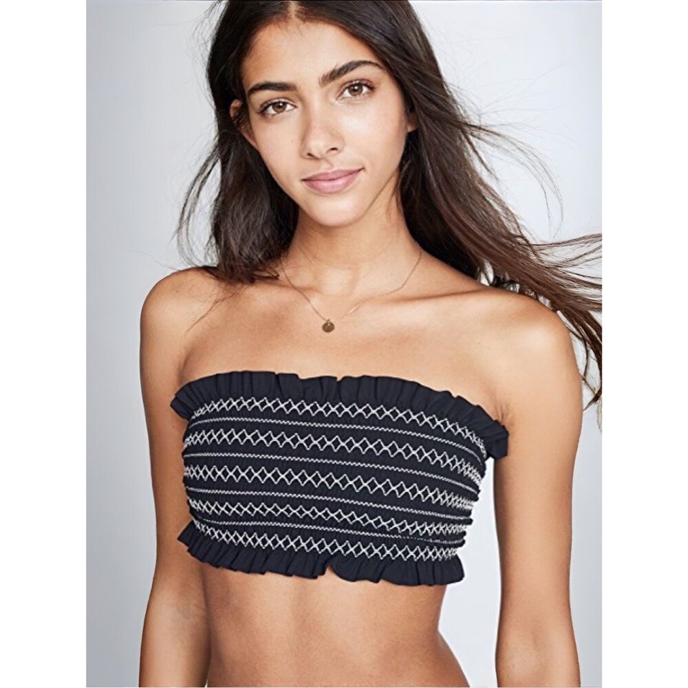 Tory Burch Costa Smocked Bandeau Bikini Top | Black New Ivory | Small